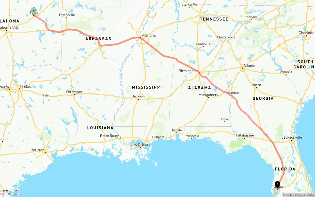 Shipping route from Tulsa to Tampa