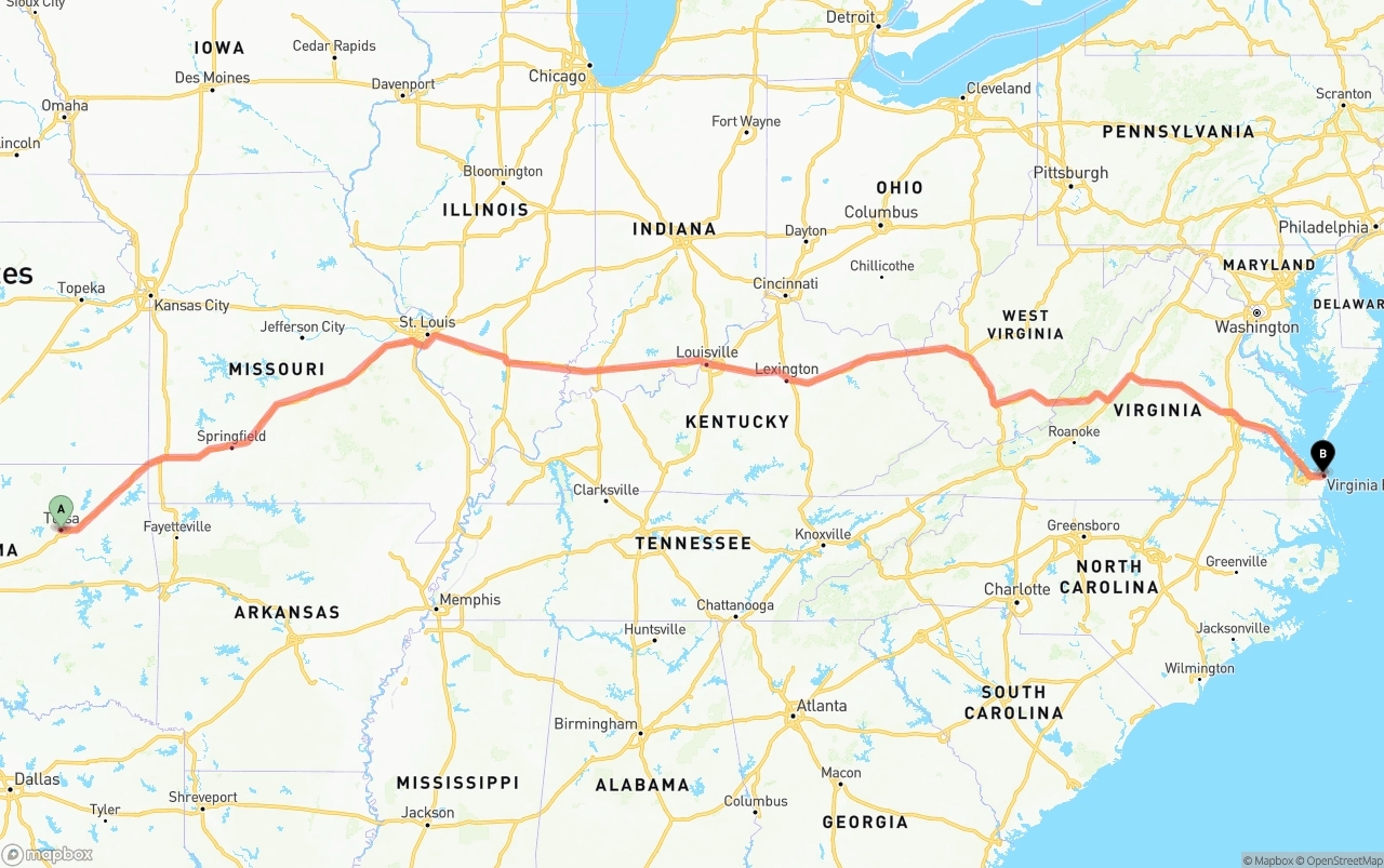 Shipping route from Tulsa to Virginia Beach