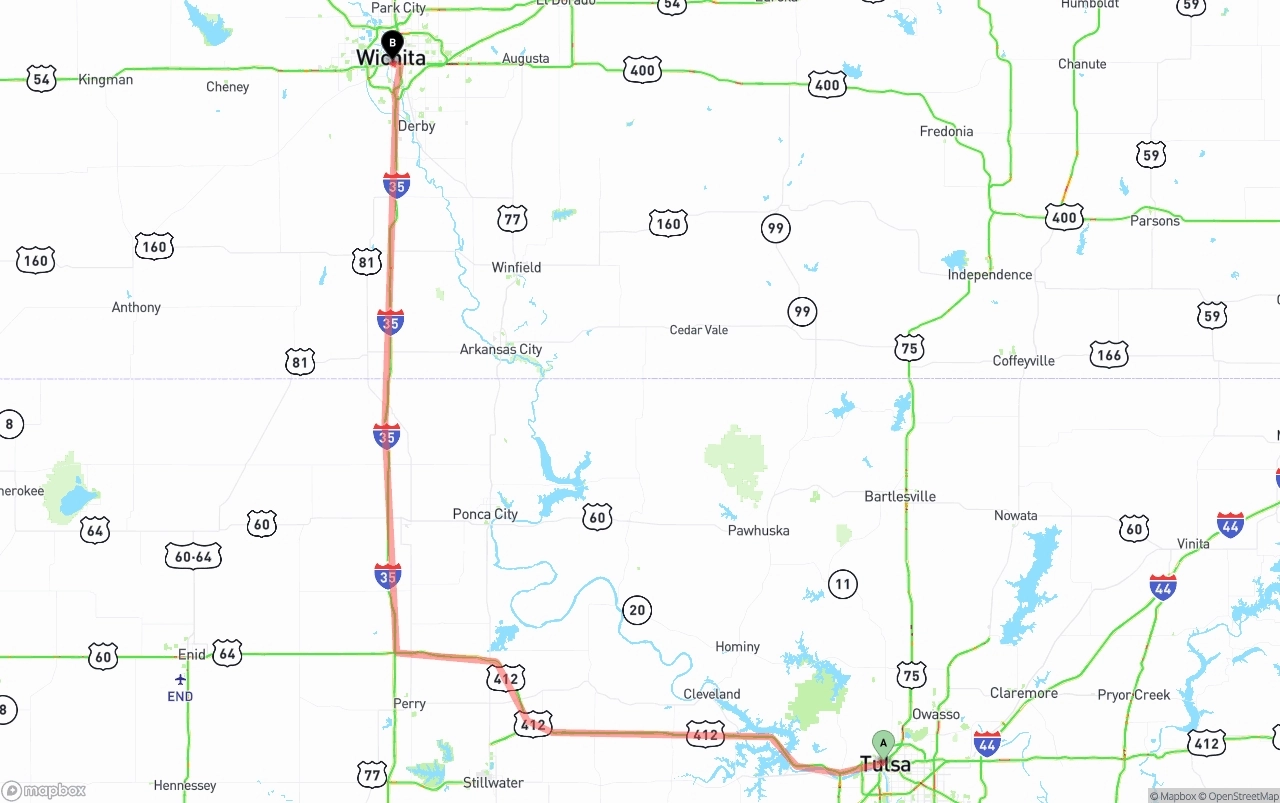 Shipping route from Tulsa to Wichita
