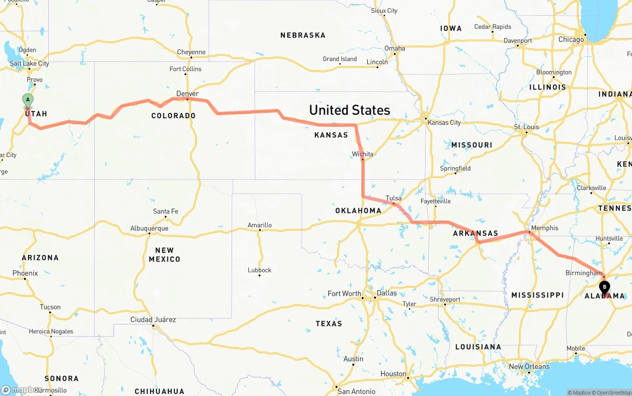 Shipping route from Utah to Alabama