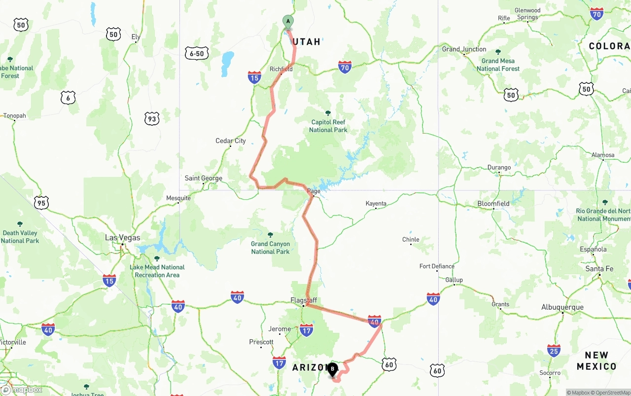 Shipping route from Utah to Arizona