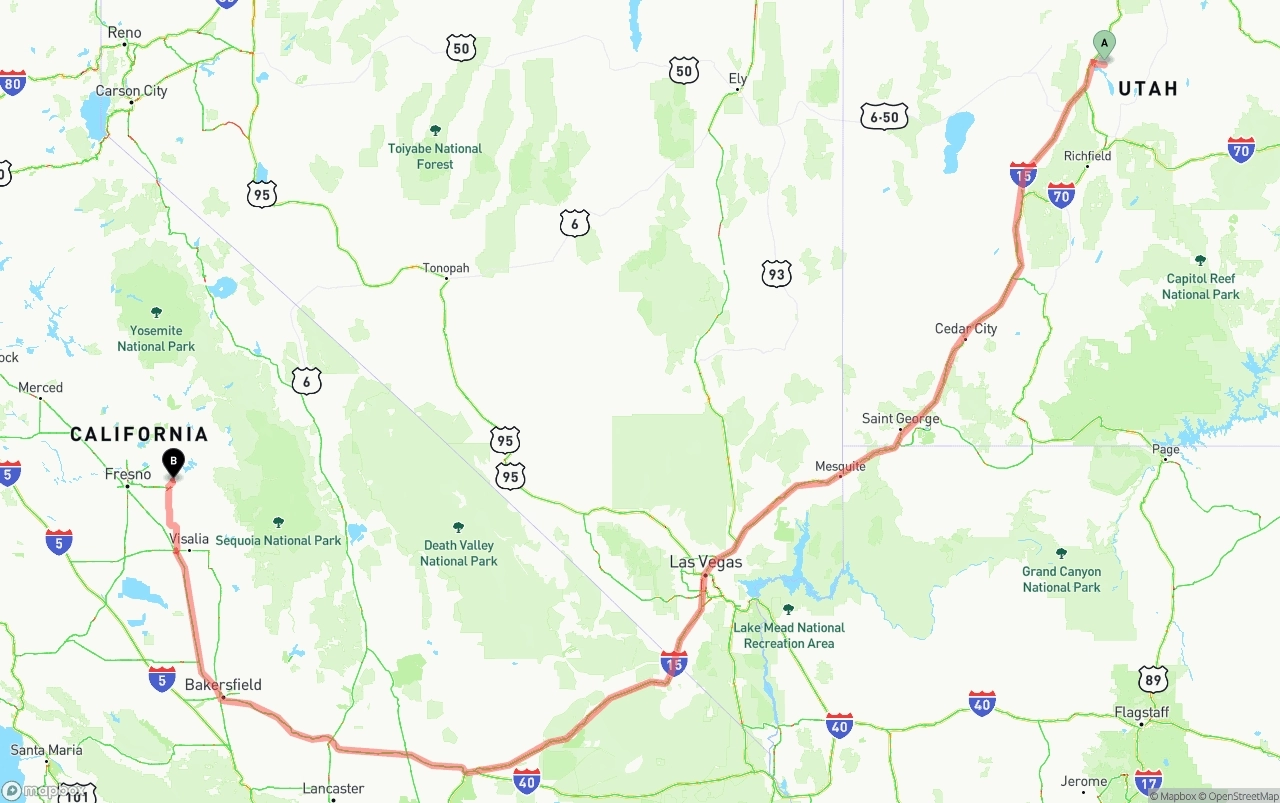 Shipping route from Utah to California