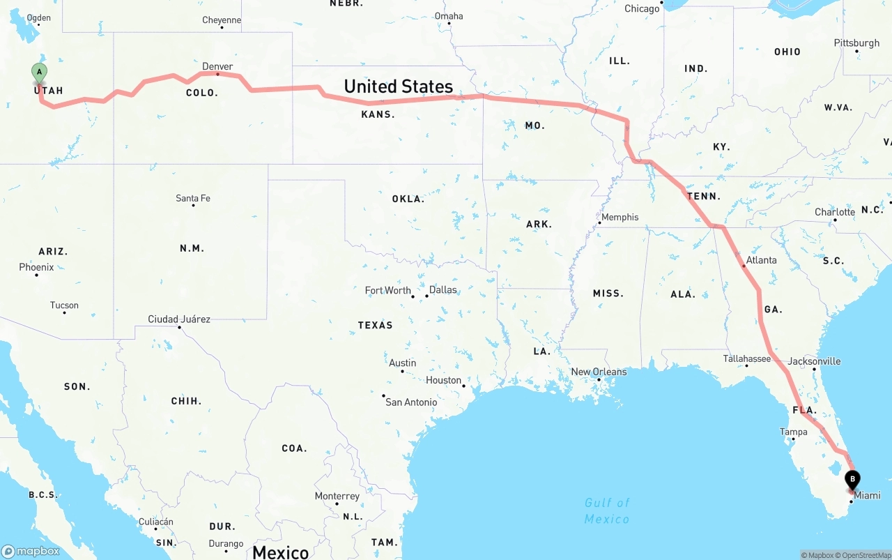 Shipping route from Utah to Fort Lauderdale-Hollywood International Airport