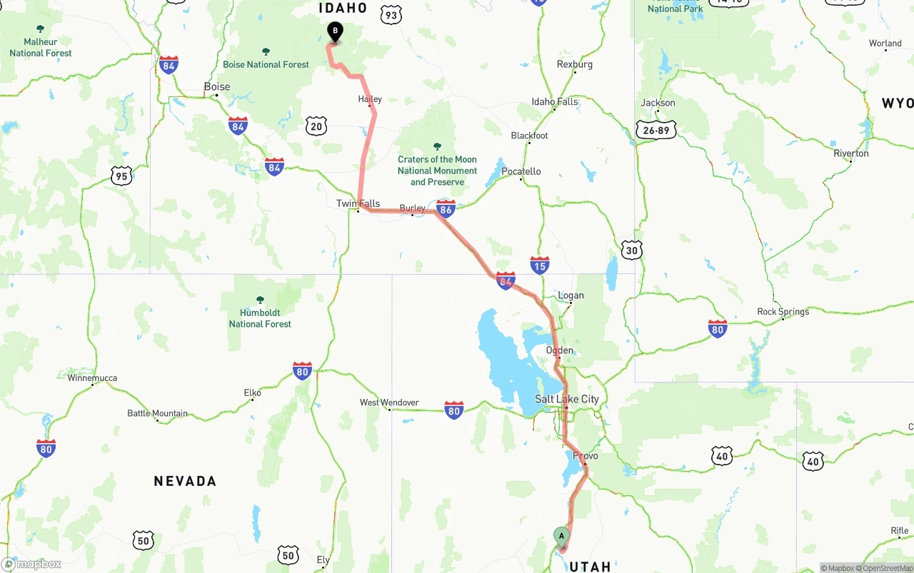 Shipping route from Utah to Idaho