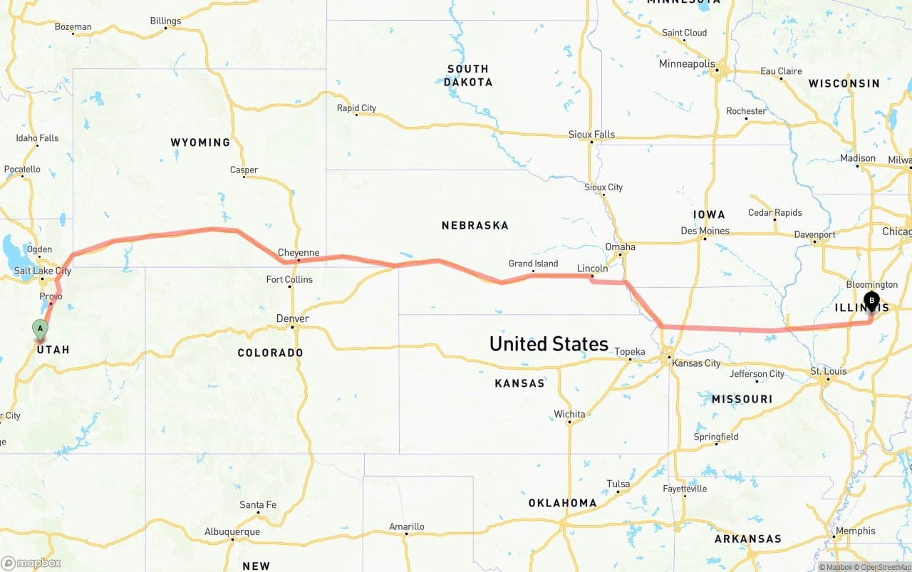 Shipping route from Utah to Illinois