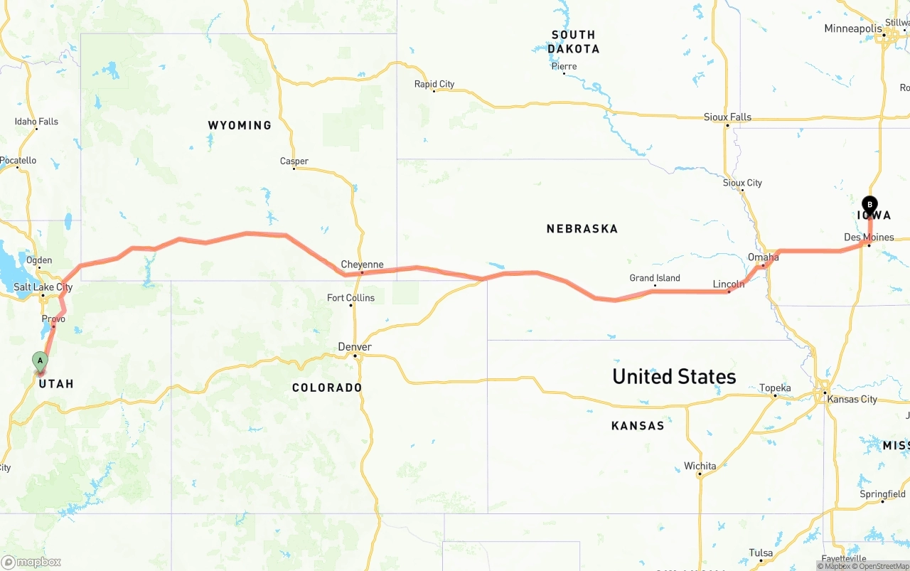 Shipping route from Utah to Iowa