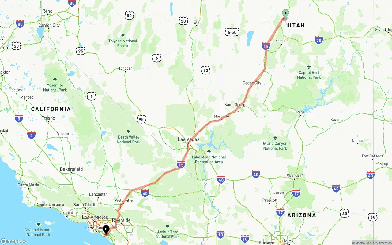 Shipping route from Utah to John Wayne Airport — Orange County