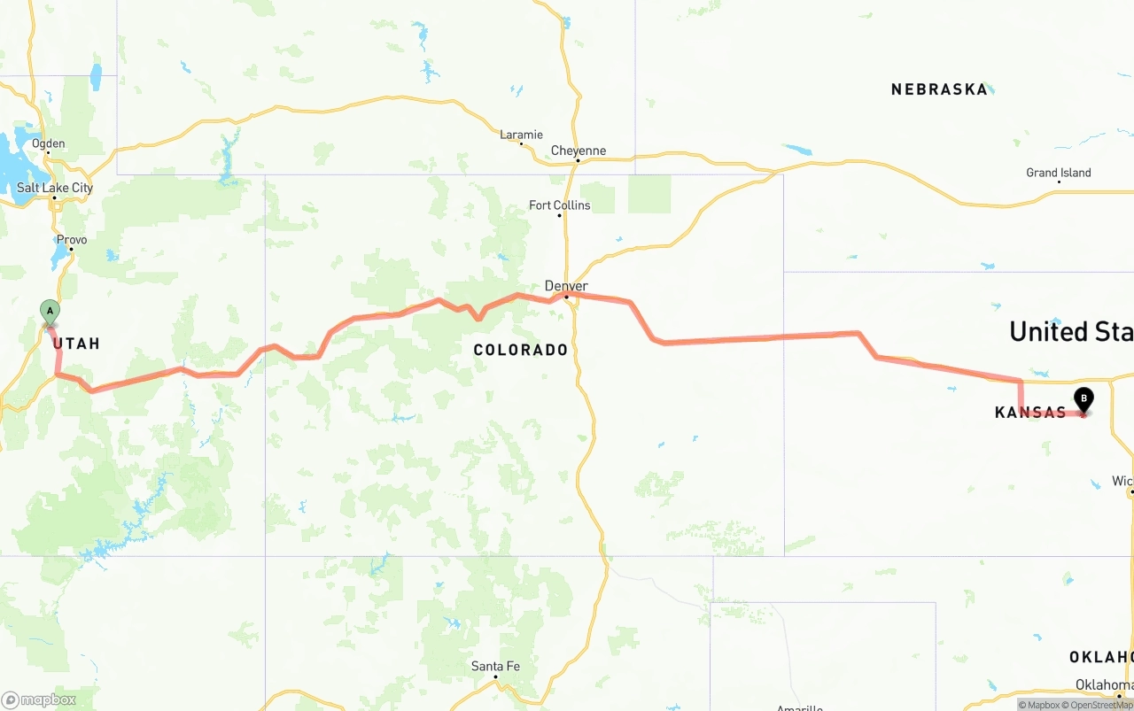 Shipping route from Utah to Kansas