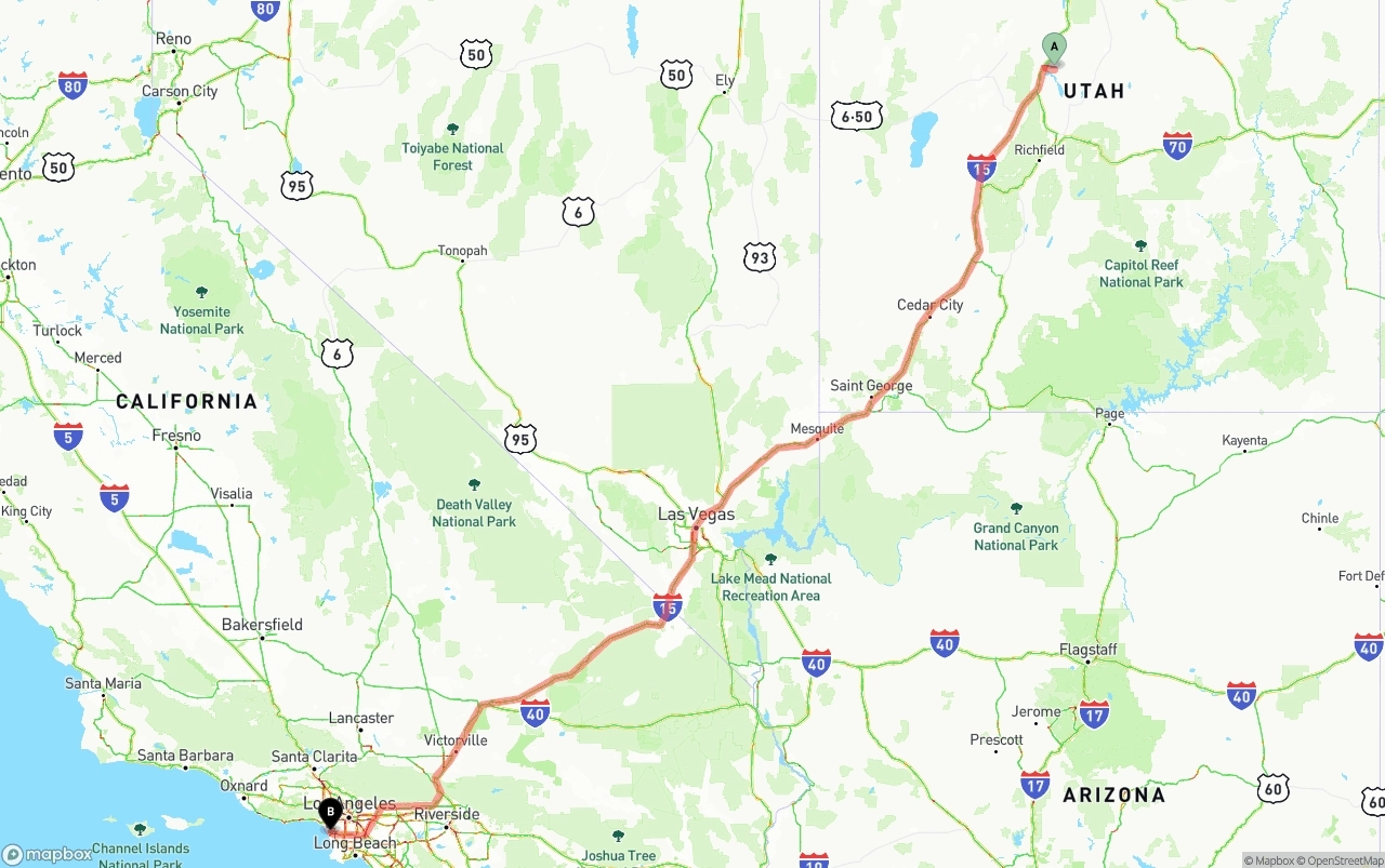 Shipping route from Utah to Los Angeles International Airport