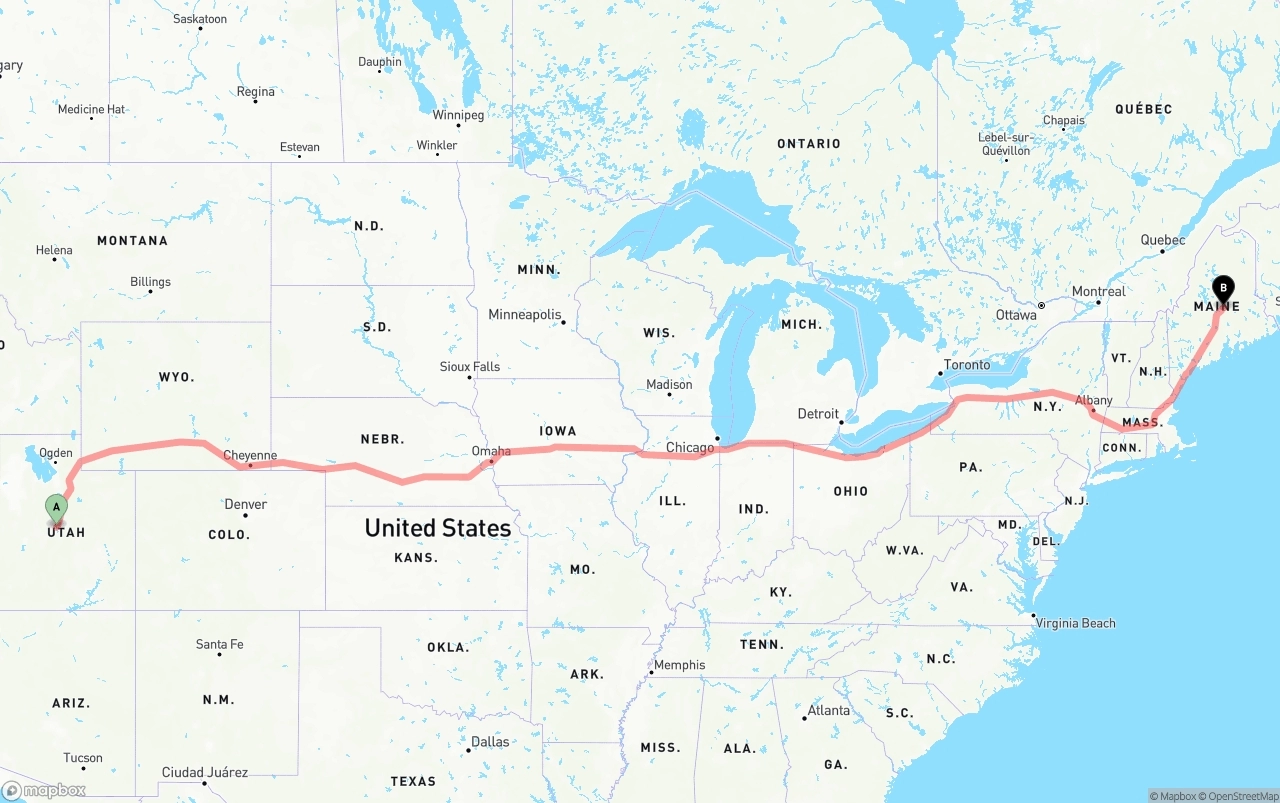 Shipping route from Utah to Maine