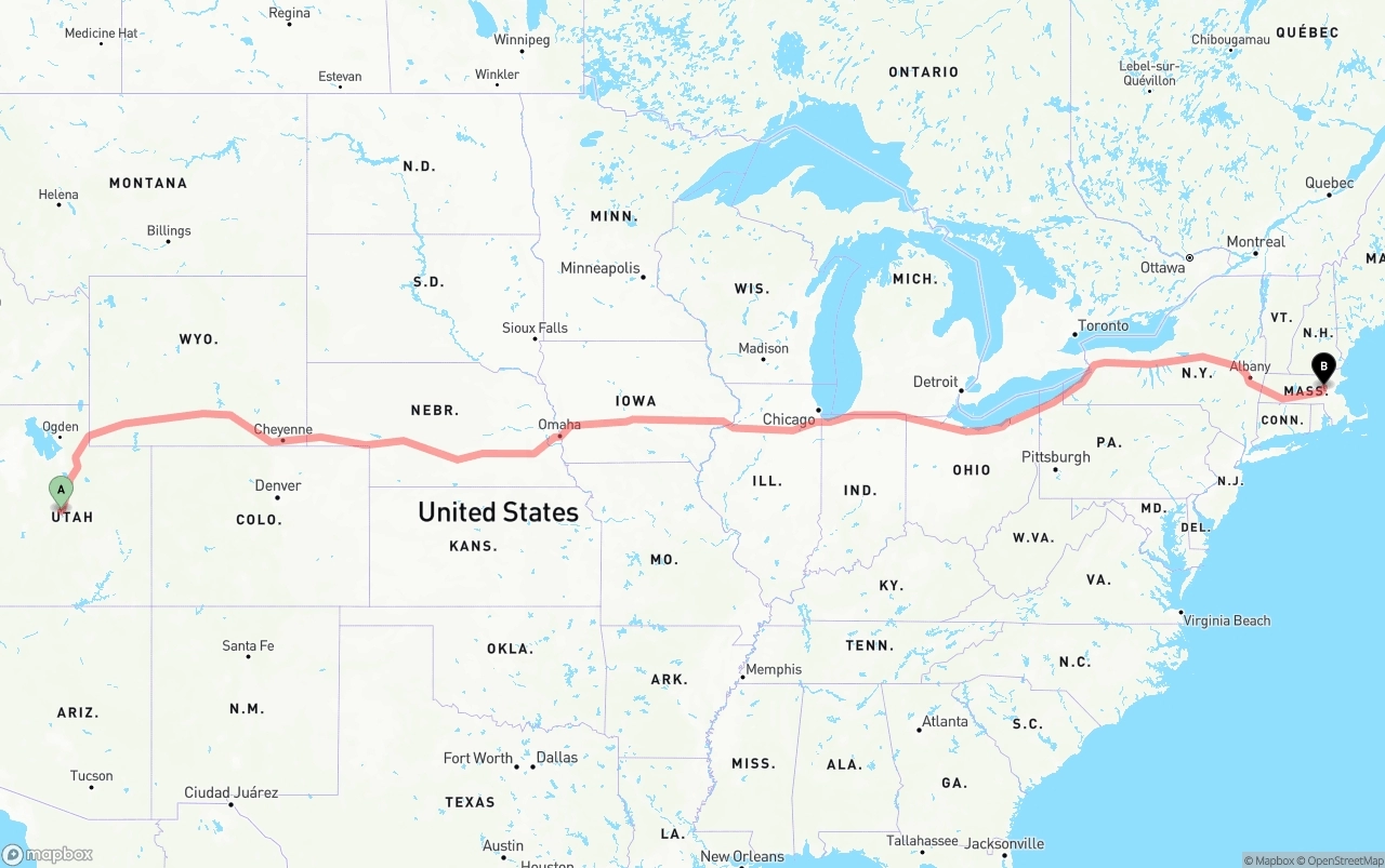 Shipping route from Utah to Massachusetts