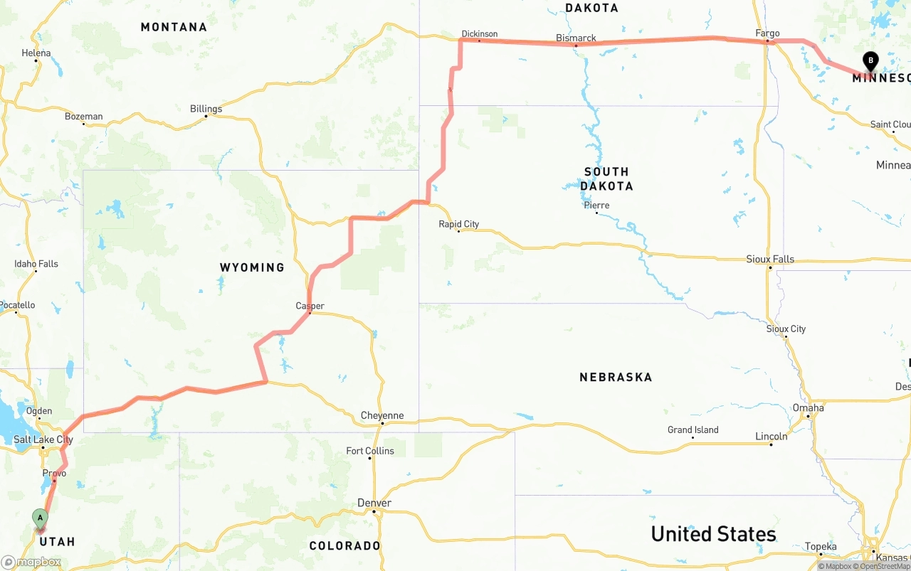 Shipping route from Utah to Minnesota