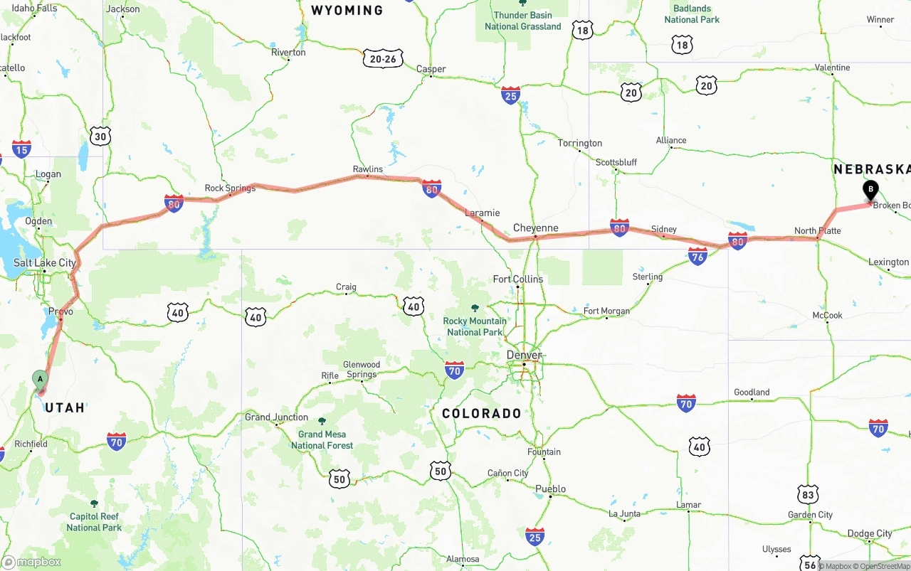 Shipping route from Utah to Nebraska