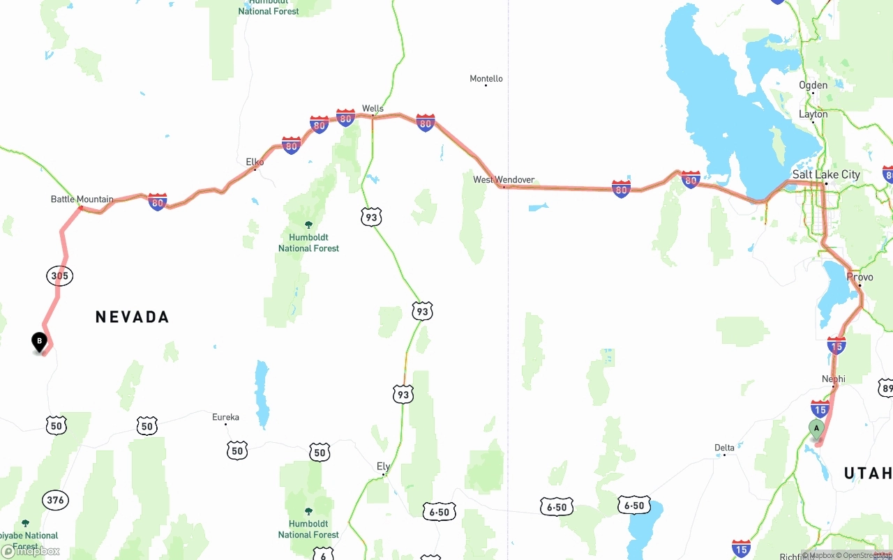Shipping route from Utah to Nevada