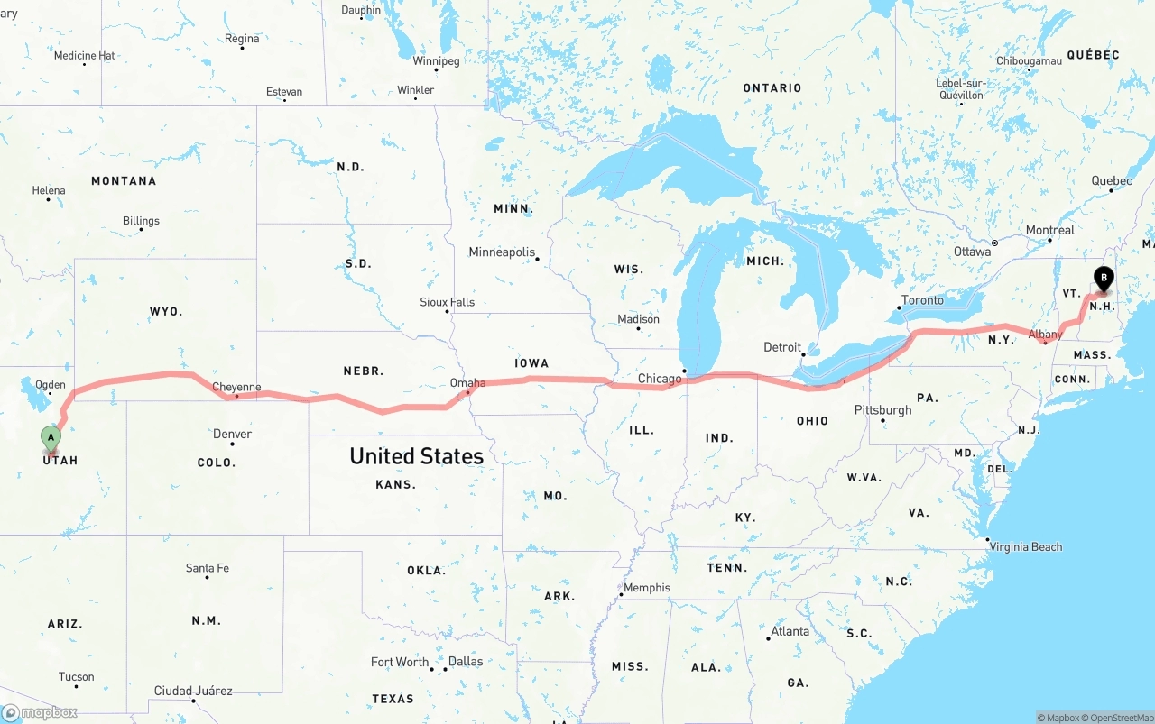 Shipping route from Utah to New Hampshire