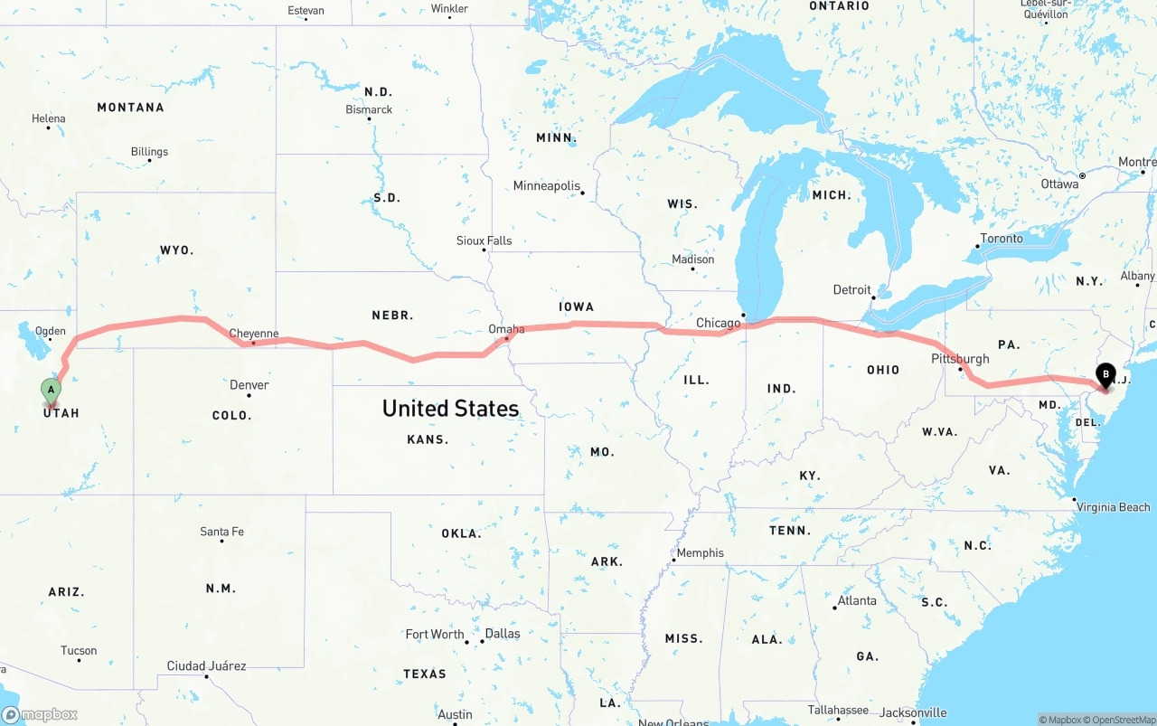 Shipping route from Utah to New Jersey