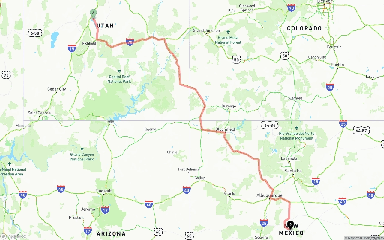 Shipping route from Utah to New Mexico