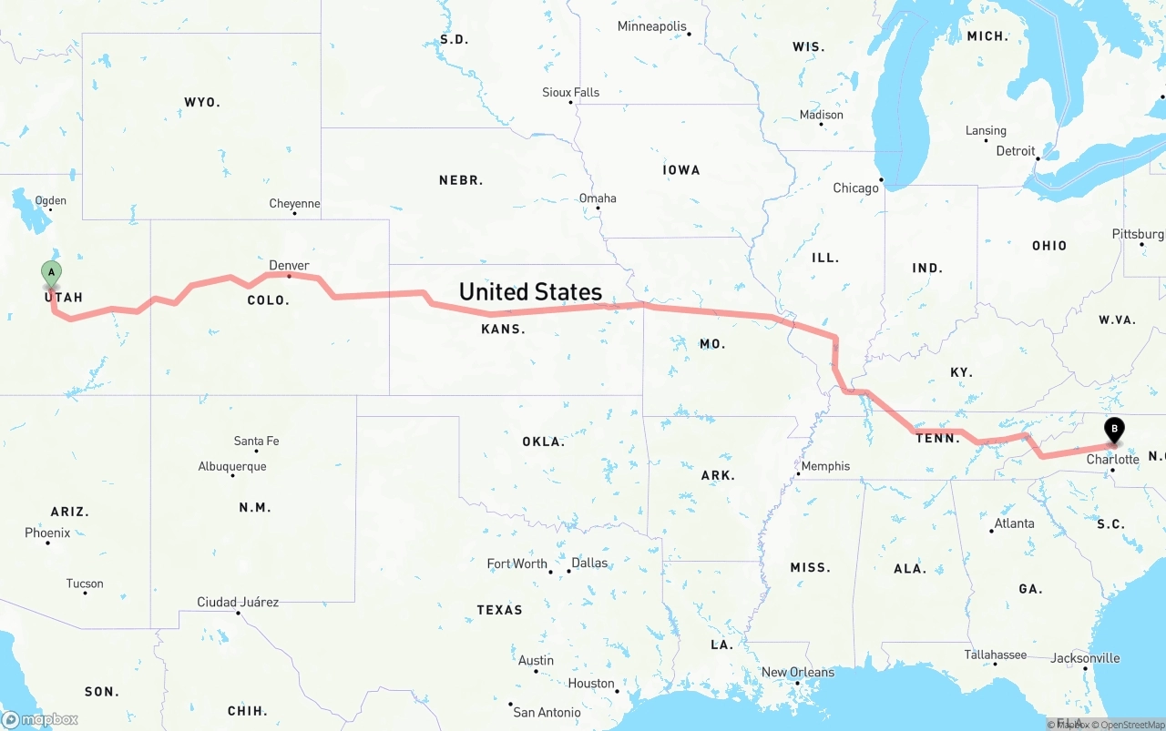 Shipping route from Utah to North Carolina