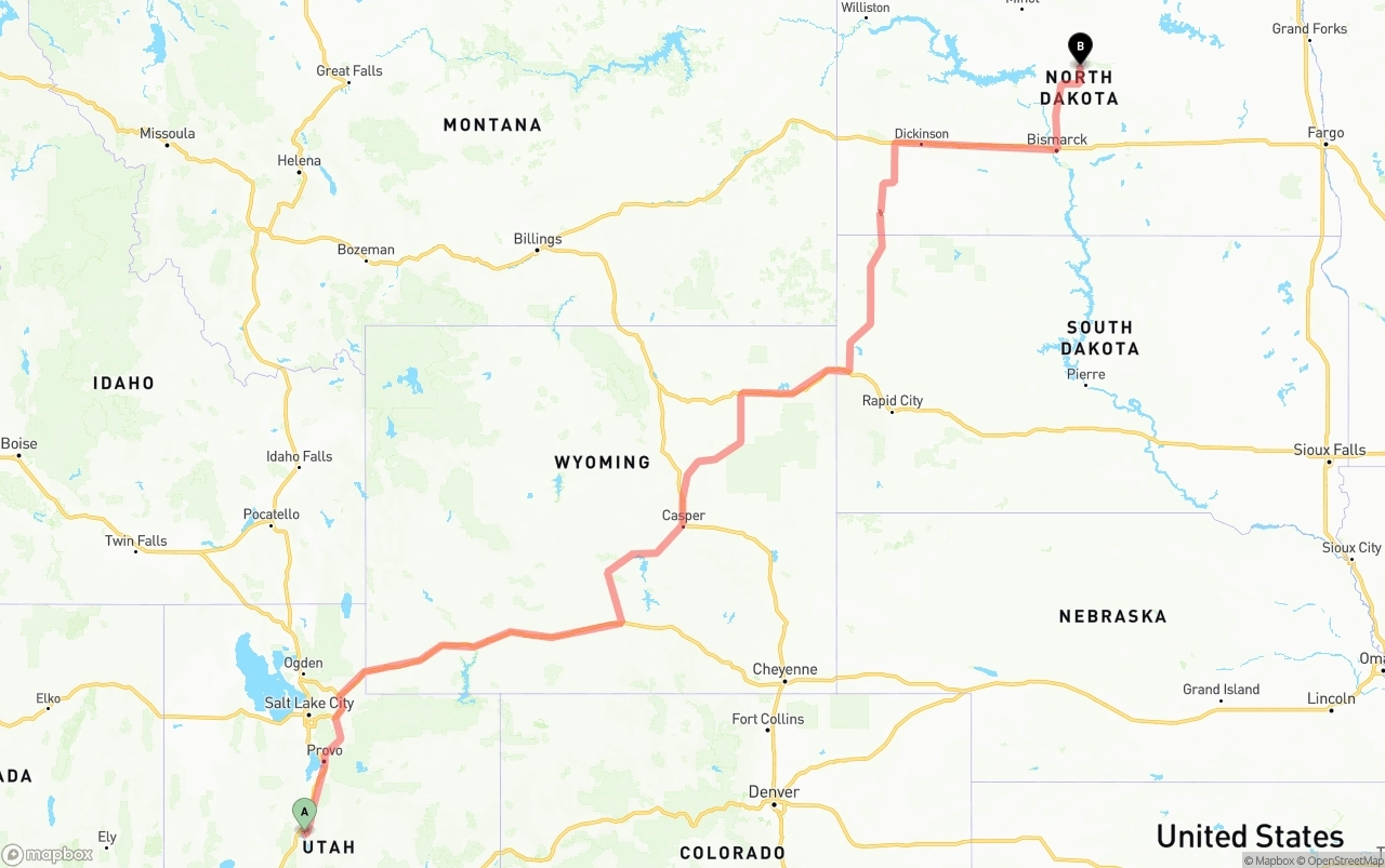 Shipping route from Utah to North Dakota