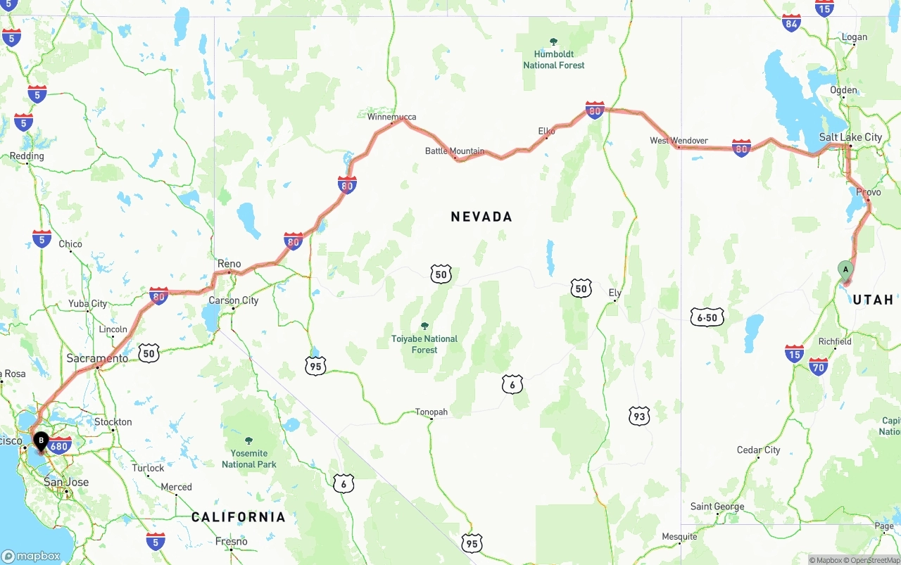 Shipping route from Utah to Oakland International Airport