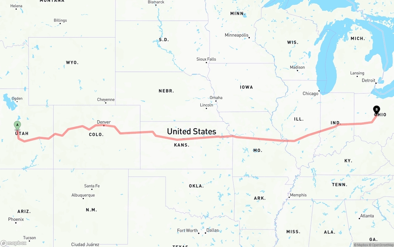 Shipping route from Utah to Ohio