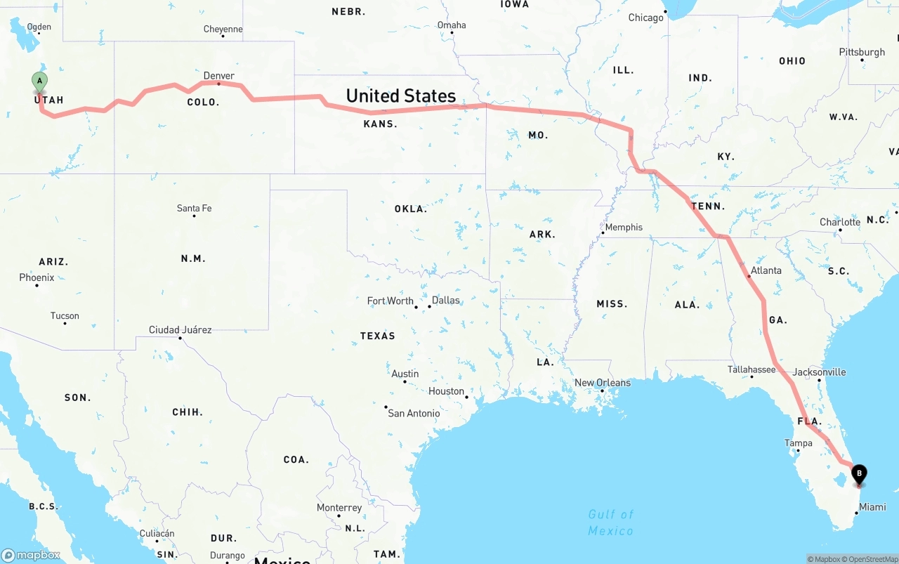 Shipping route from Utah to Palm Beach International Airport