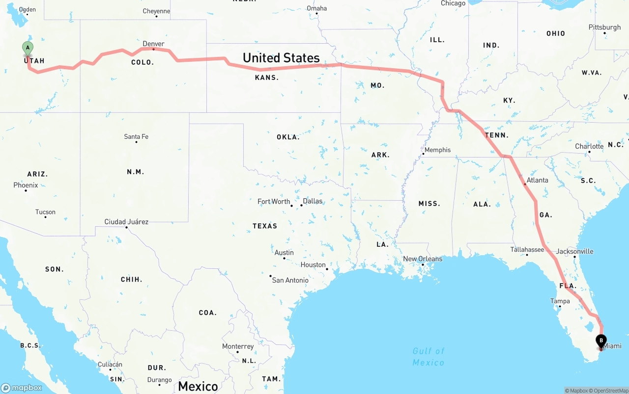 Shipping route from Utah to Port of Miami