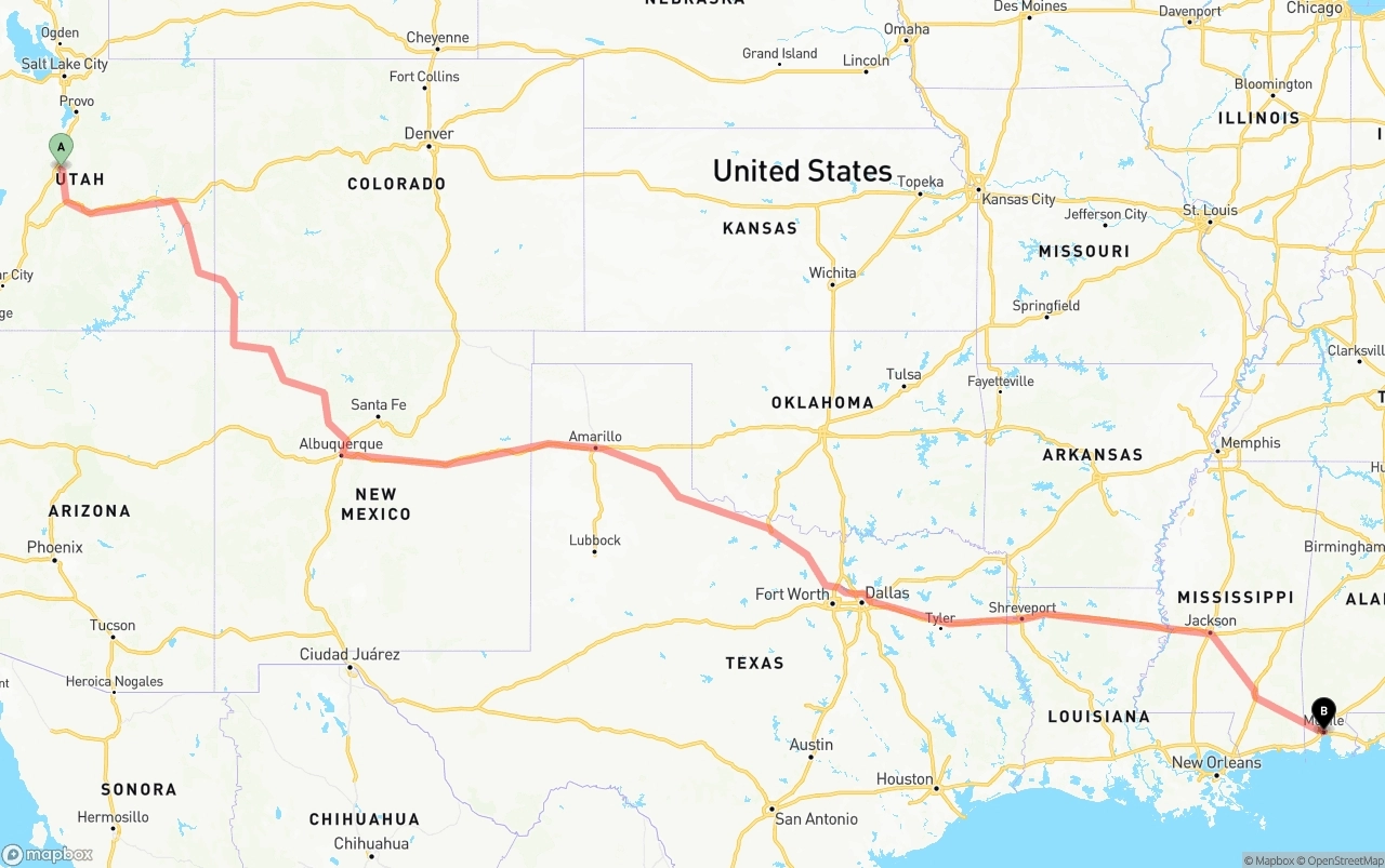 Shipping route from Utah to Port of Mobile
