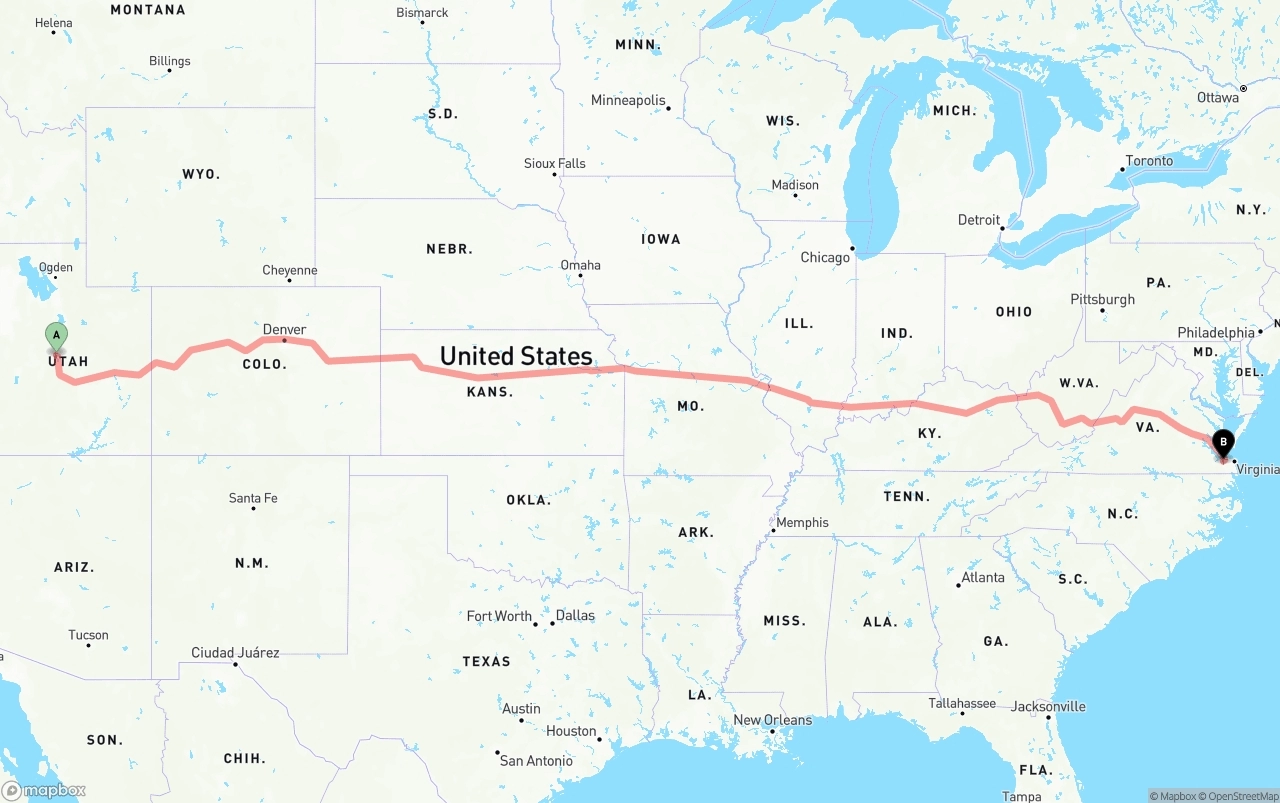 Shipping route from Utah to Port of Norfolk