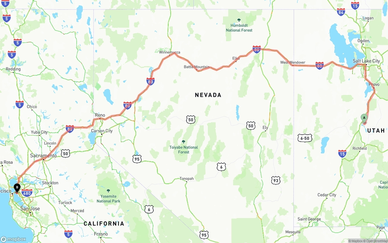 Shipping route from Utah to Port of Oakland