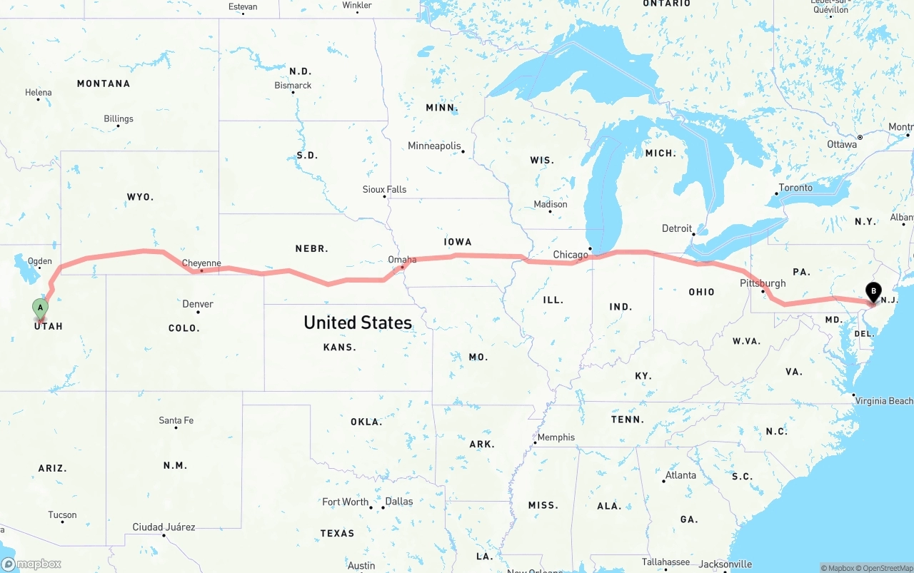 Shipping route from Utah to Port of Philadelphia