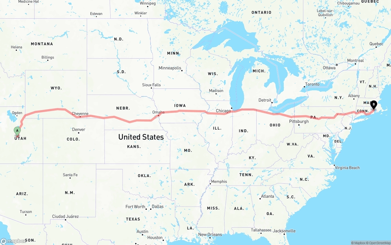 Shipping route from Utah to Rhode Island