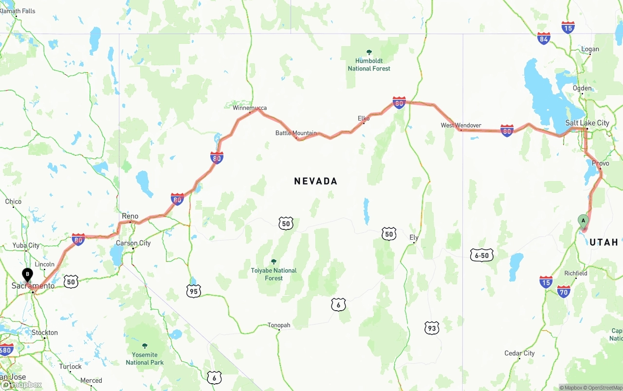 Shipping route from Utah to Sacramento International Airport