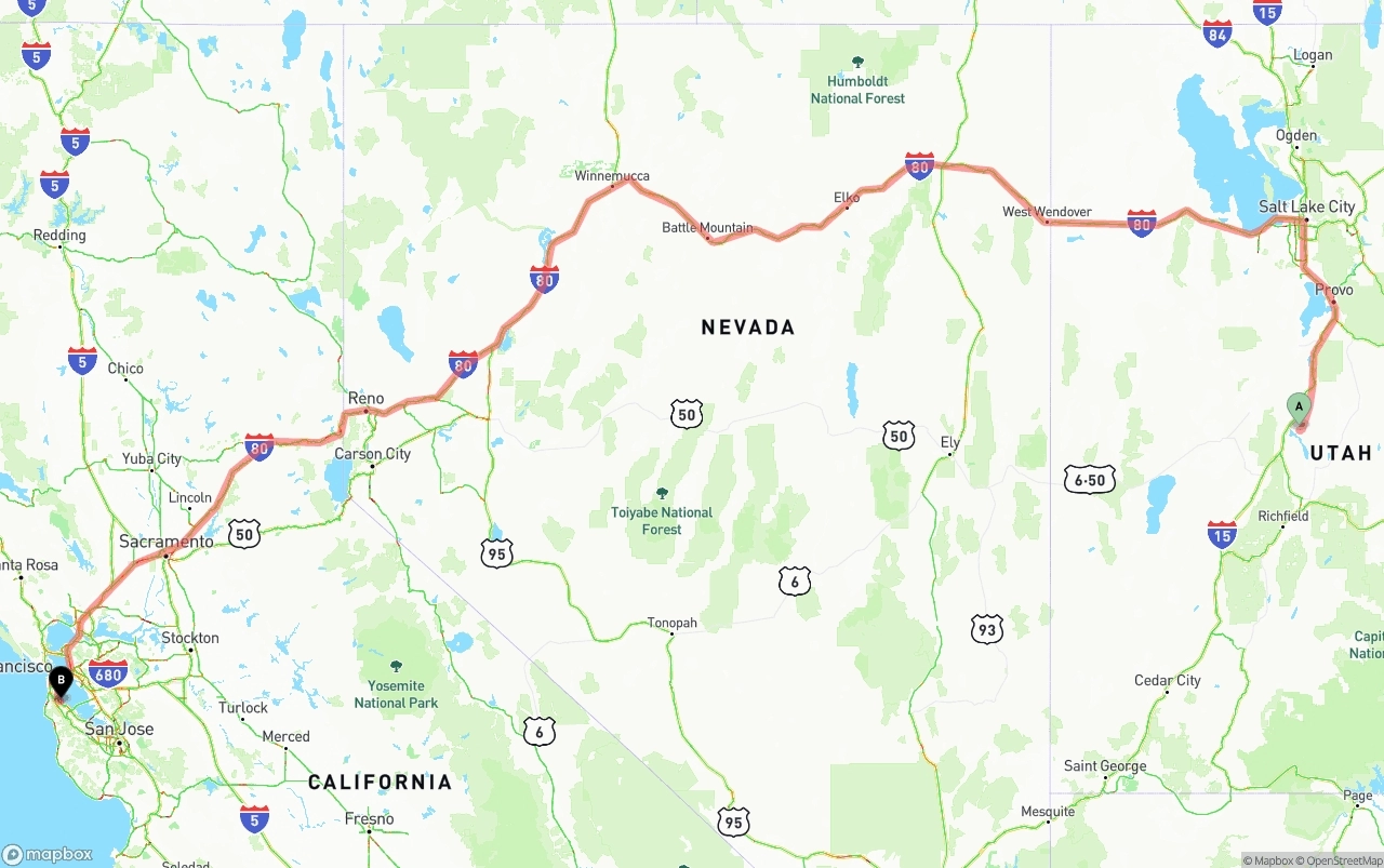 Shipping route from Utah to San Francisco International Airport