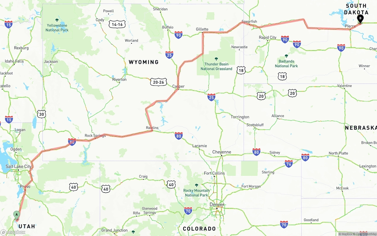 Shipping route from Utah to South Dakota
