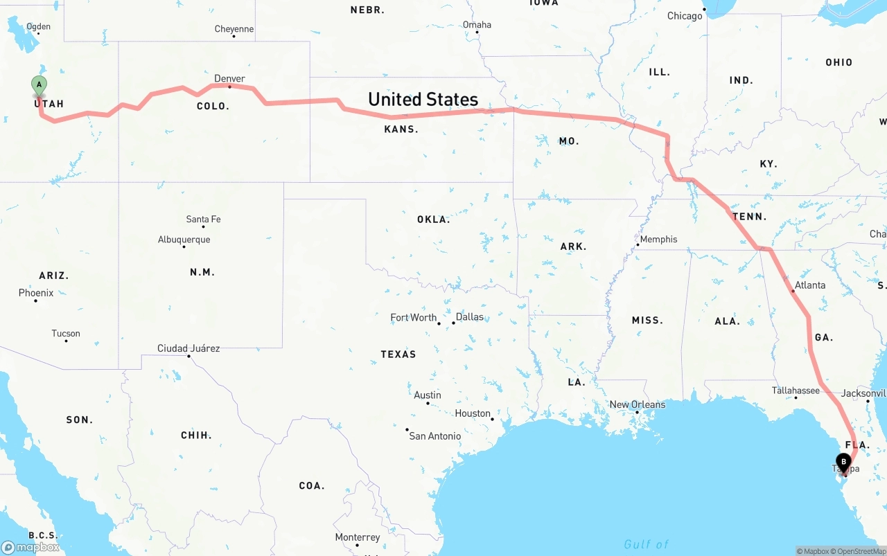 Shipping route from Utah to Tampa International Airport