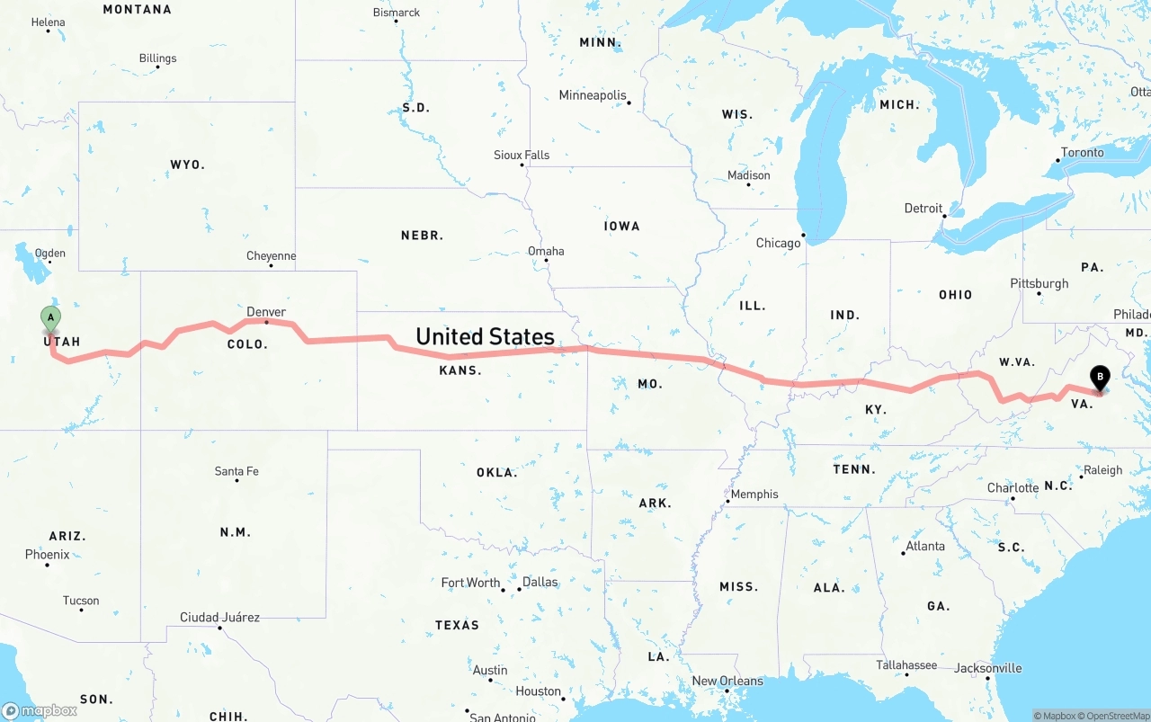 Shipping route from Utah to Virginia