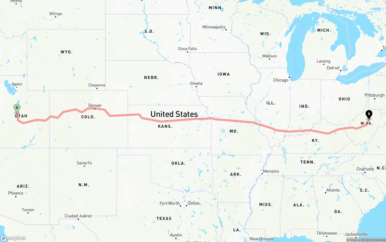 Shipping route from Utah to West Virginia