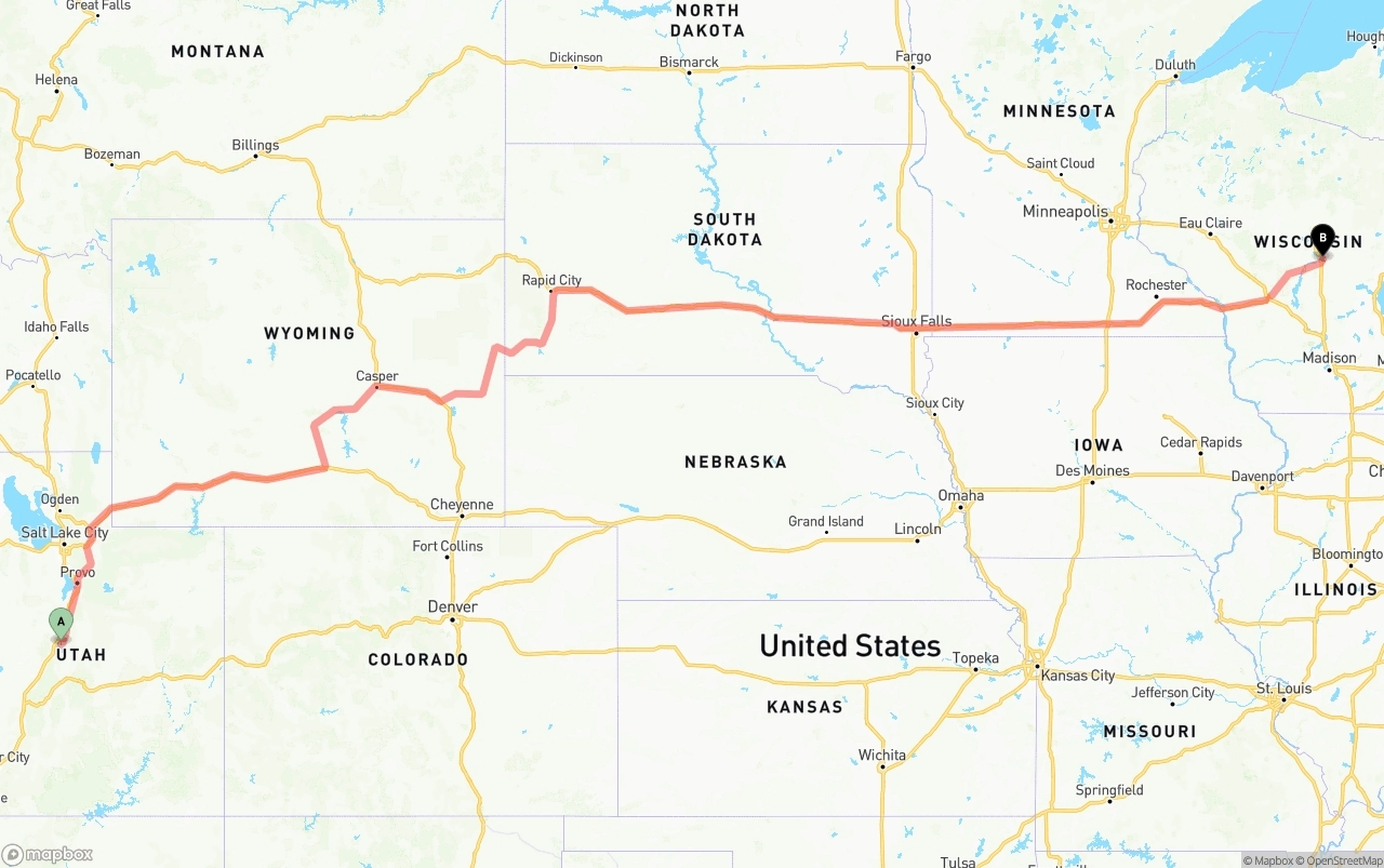 Shipping route from Utah to Wisconsin