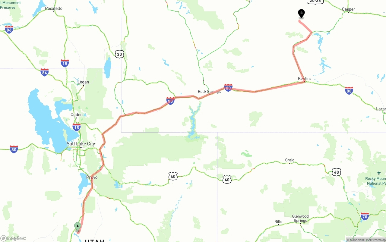 Shipping route from Utah to Wyoming