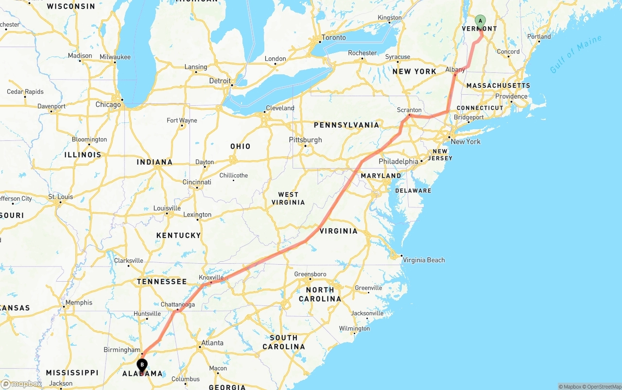 Shipping route from Vermont to Alabama