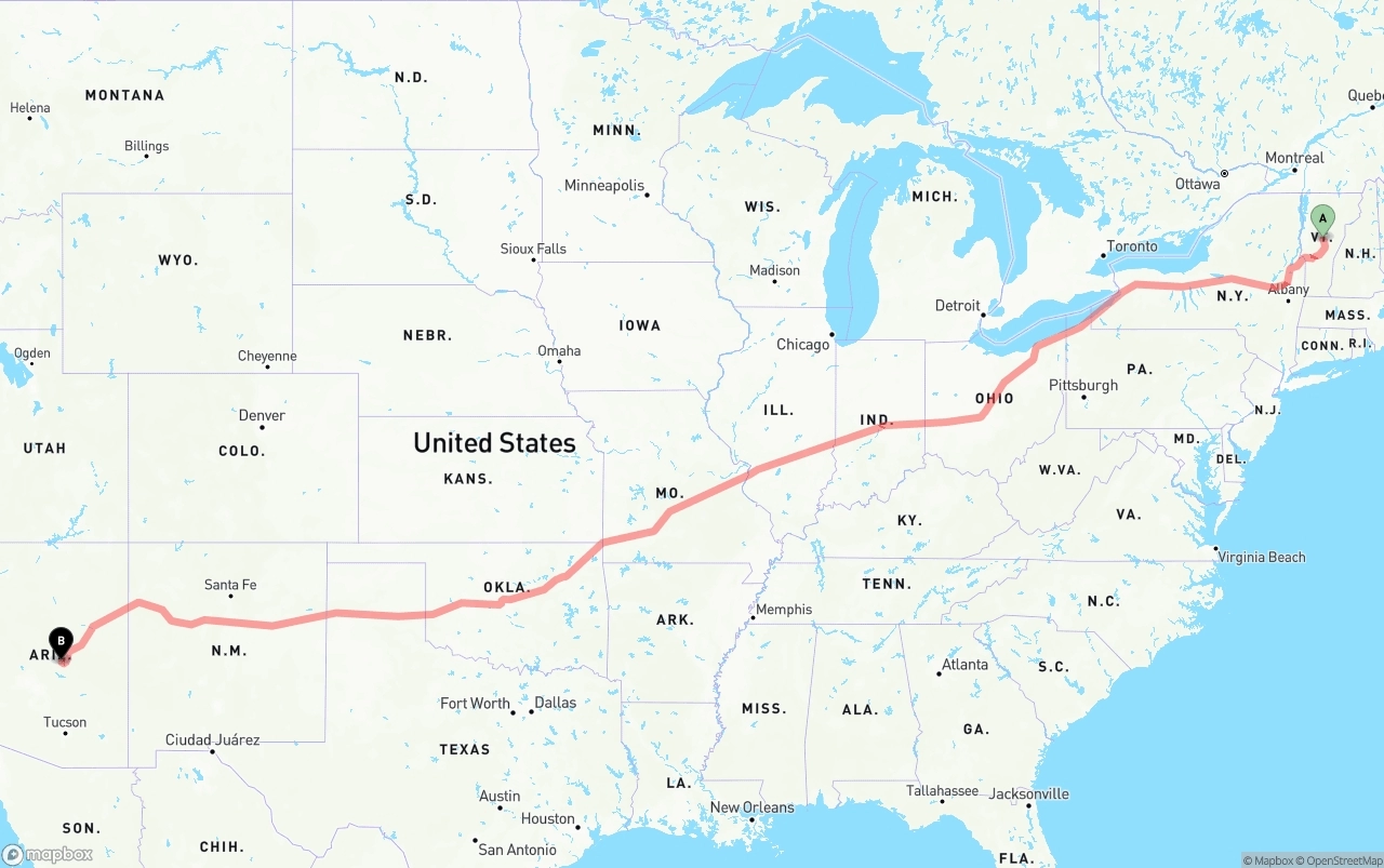 Shipping route from Vermont to Arizona