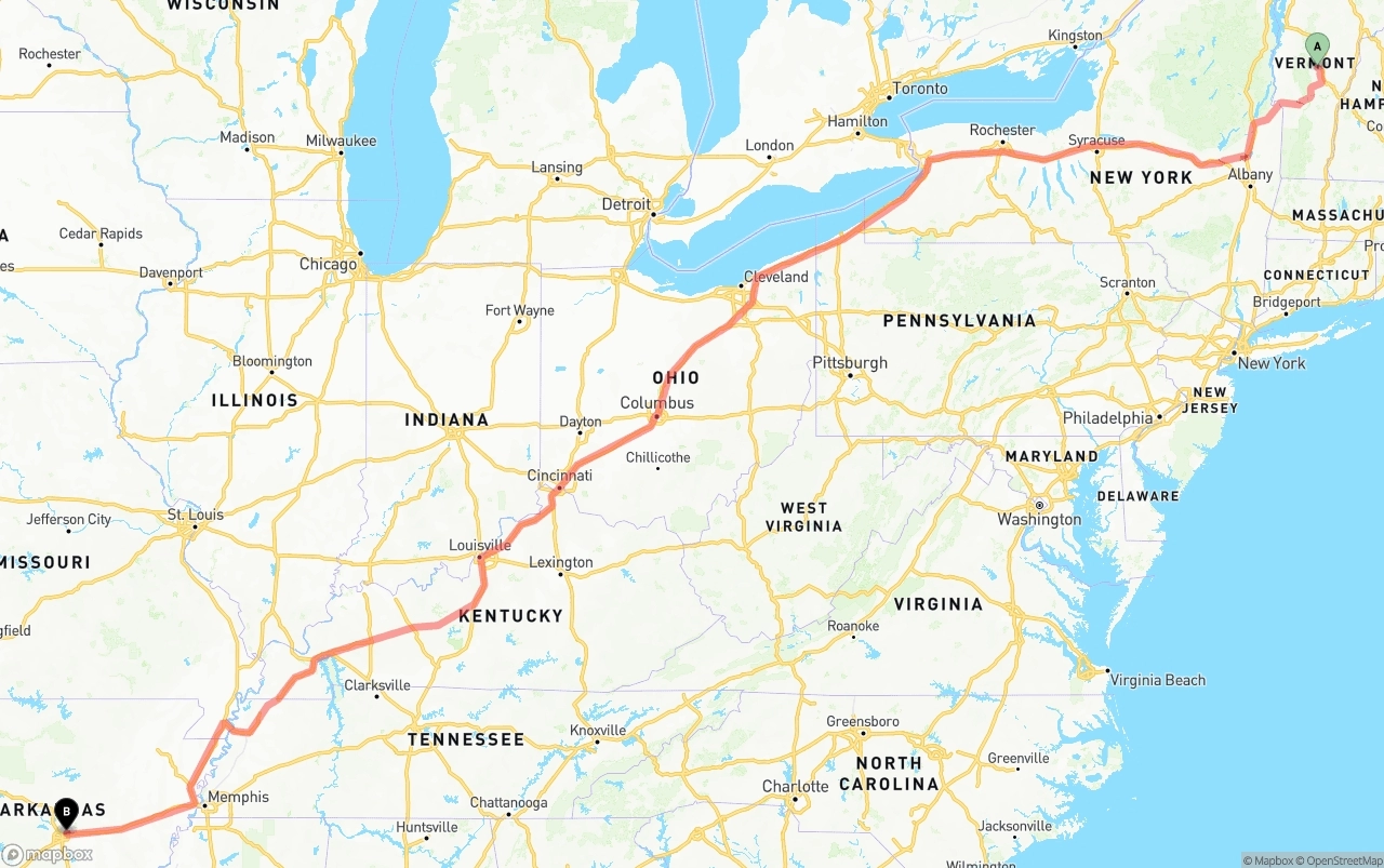 Shipping route from Vermont to Arkansas