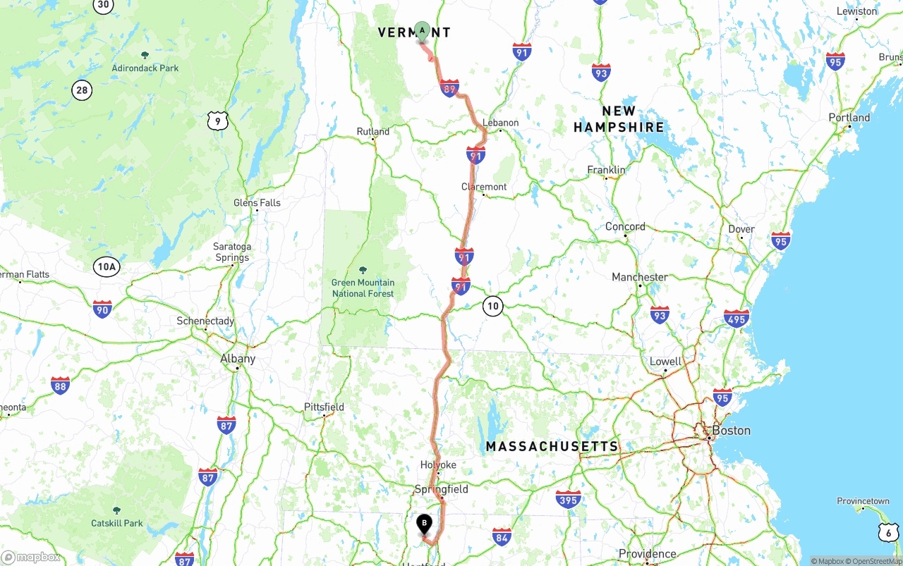 Shipping route from Vermont to Bradley International Airport