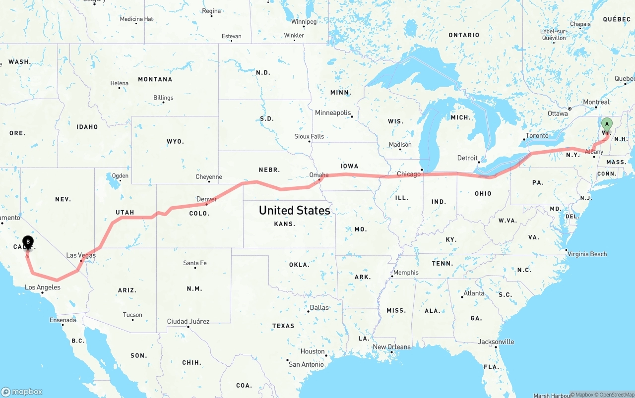 Shipping route from Vermont to California