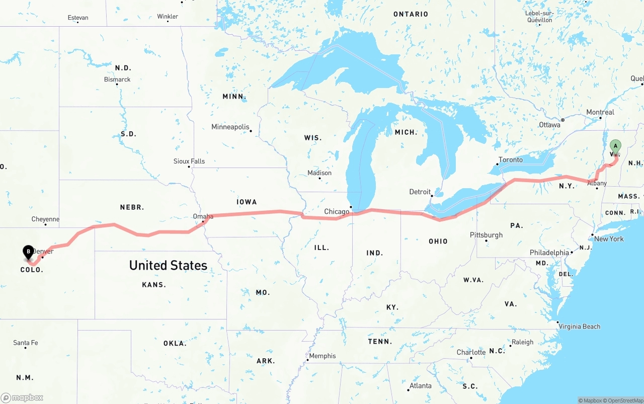 Shipping route from Vermont to Colorado