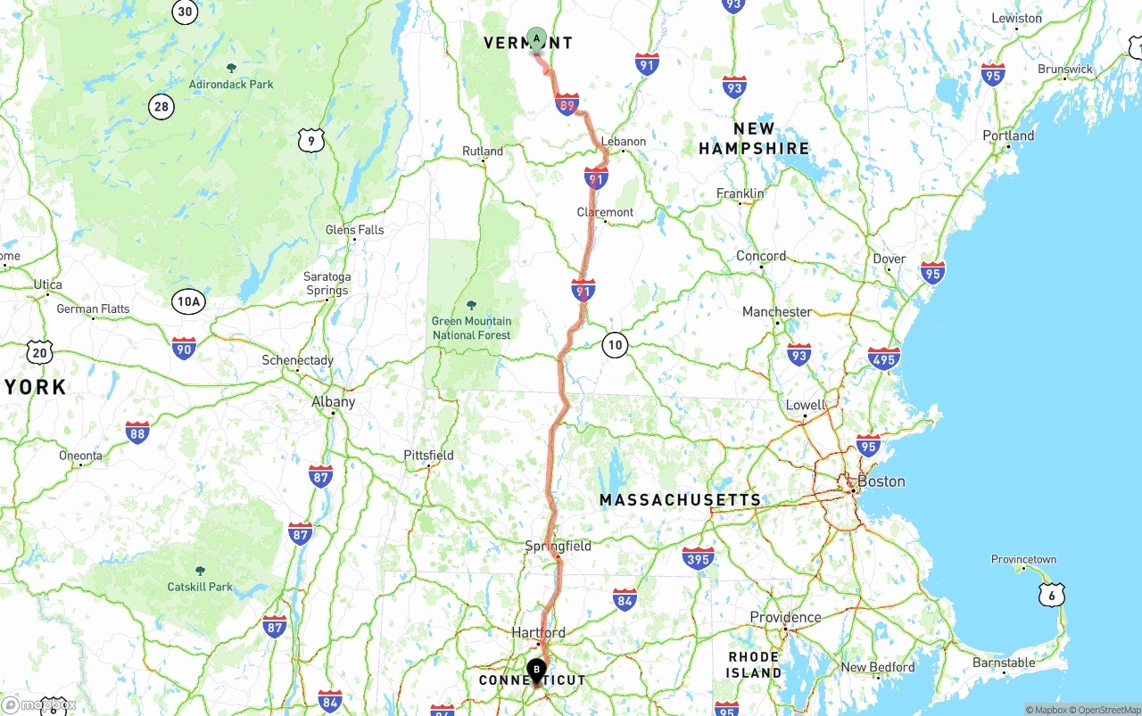 Shipping route from Vermont to Connecticut