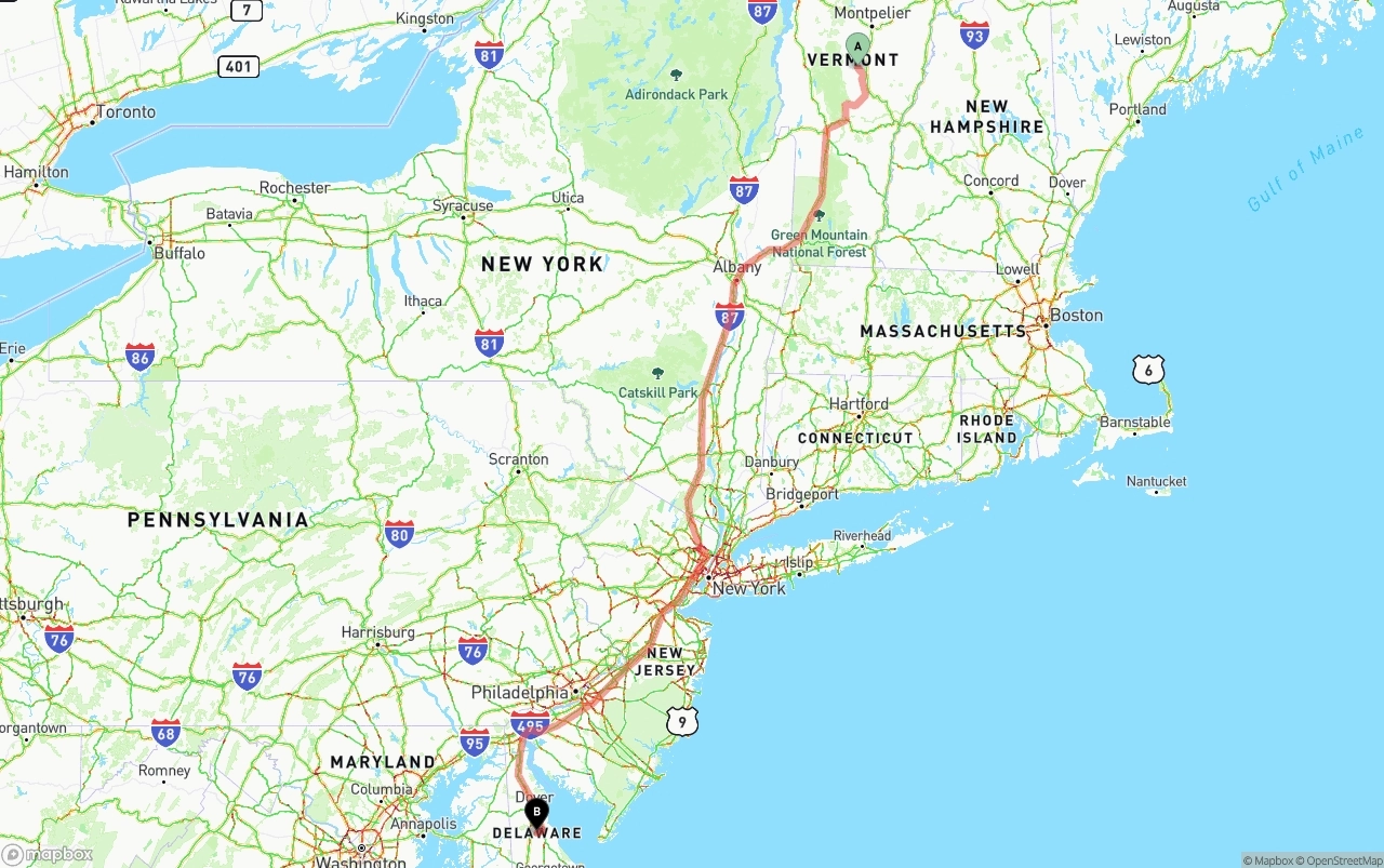 Shipping route from Vermont to Delaware