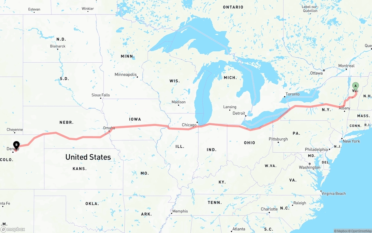 Shipping route from Vermont to Denver International Airport
