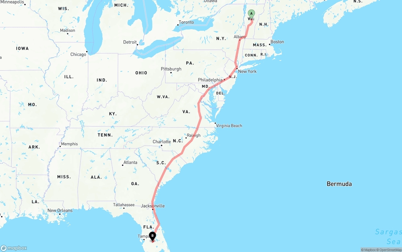 Shipping route from Vermont to Florida